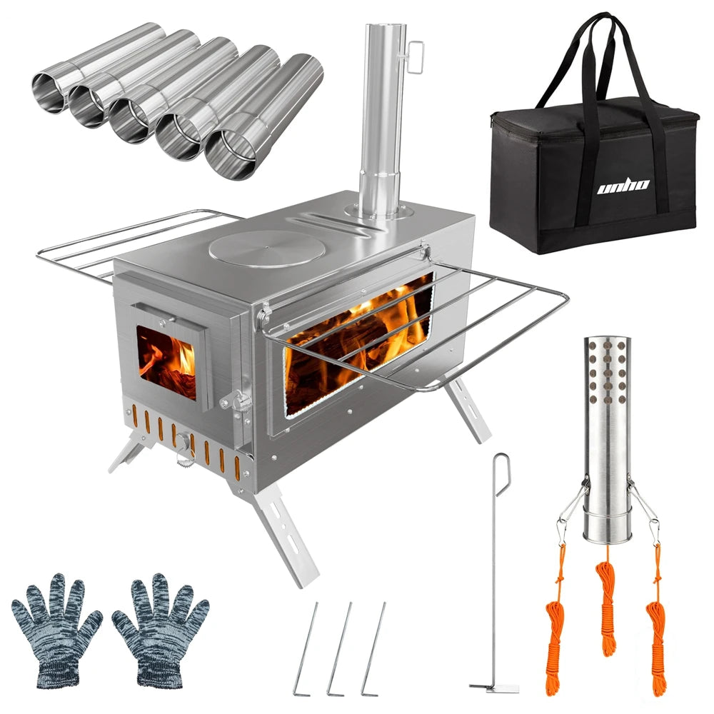 Portable Stainless Steel Wood Burning Stove 7 Chimney Pipes