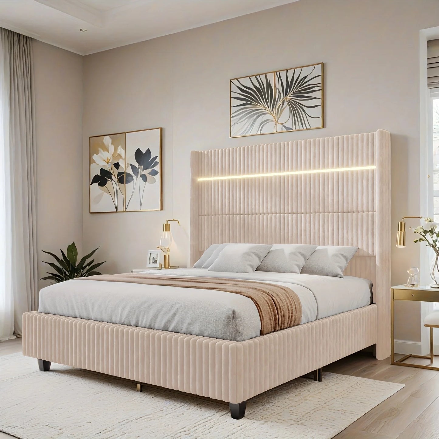 Luxoak Queen King Size LED Platform Bed Frame 60in Wingback Headboard And USB