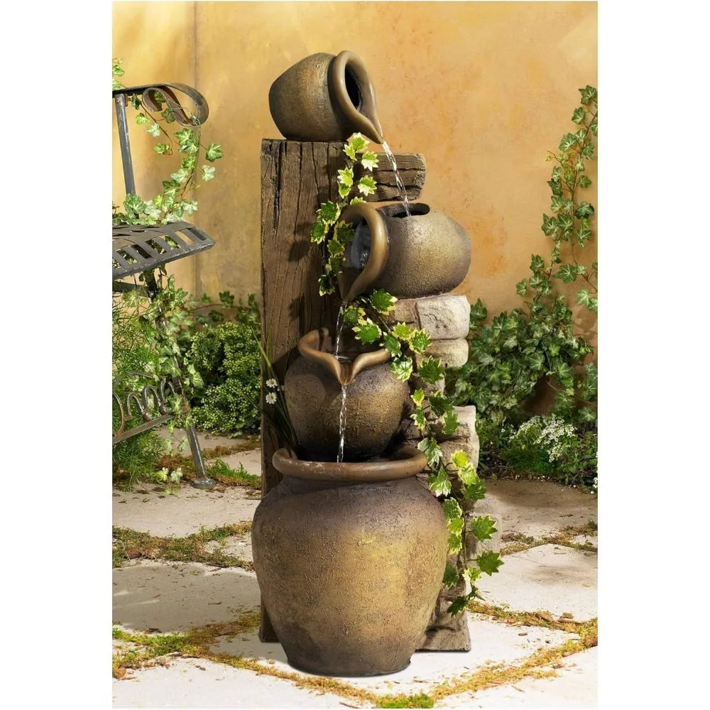 Large Rustic Tiered Stone-Look Floor Fountain with Cascading Waterfall for Indoor or Outdoor Decor