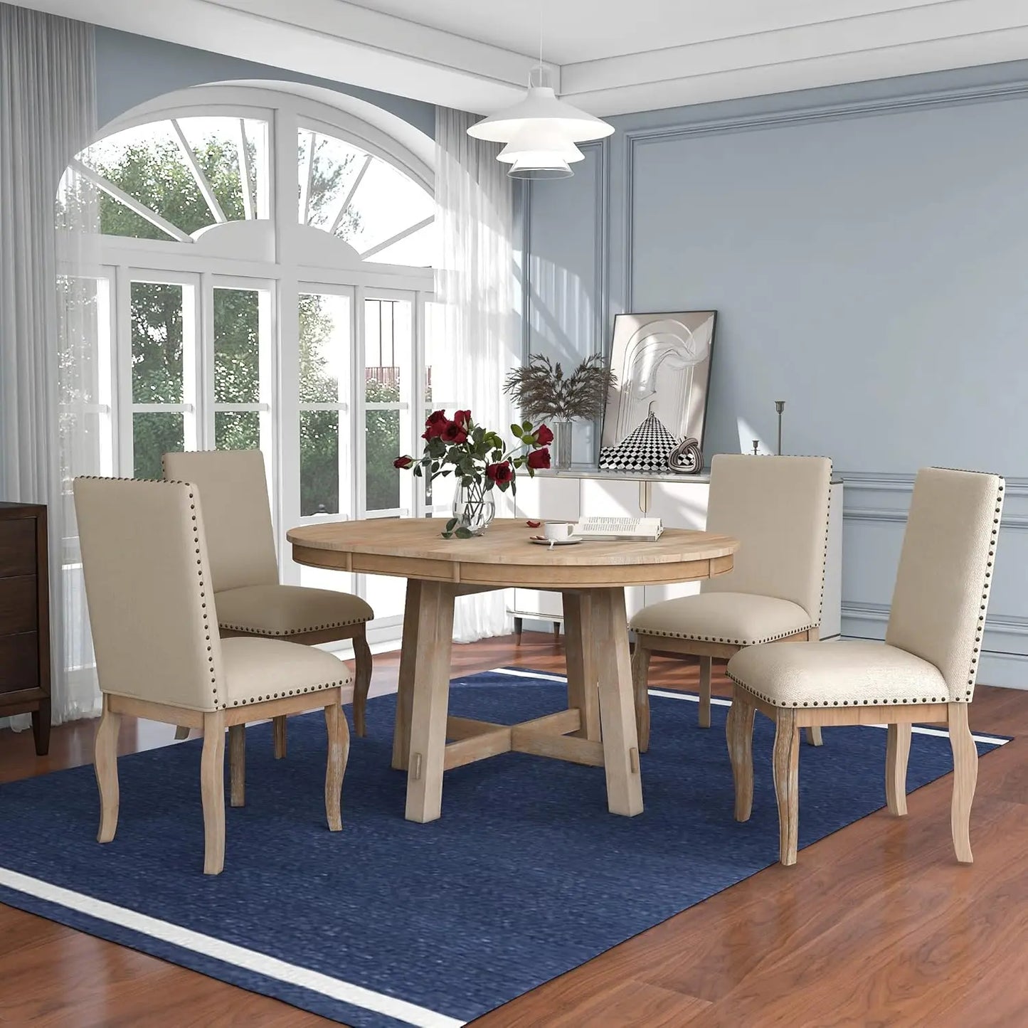 Farmhouse Round Extendable Dining Table Set With 4 Chairs