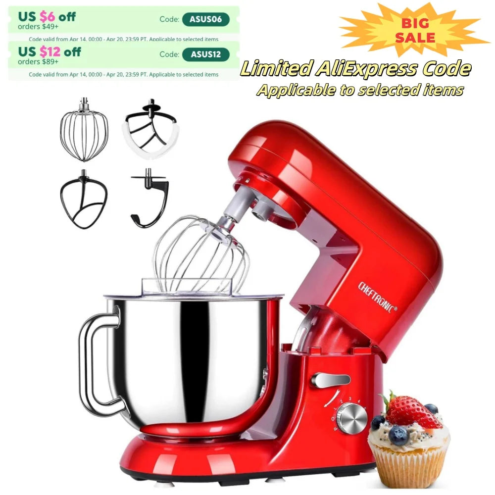 Cheftronic 6 Speed Stand Mixer with 7 Quart Stainless Steel Mixing Bowl,Dough hook, Egg whisk, Kitchen mixer with US Plug