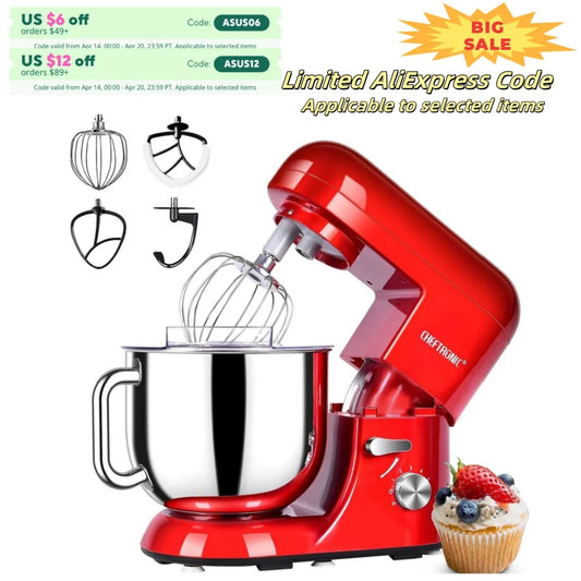 Cheftronic 6 Speed Stand Mixer with 7 Quart Stainless Steel Mixing Bowl,Dough hook, Egg whisk, Kitchen mixer with US Plug