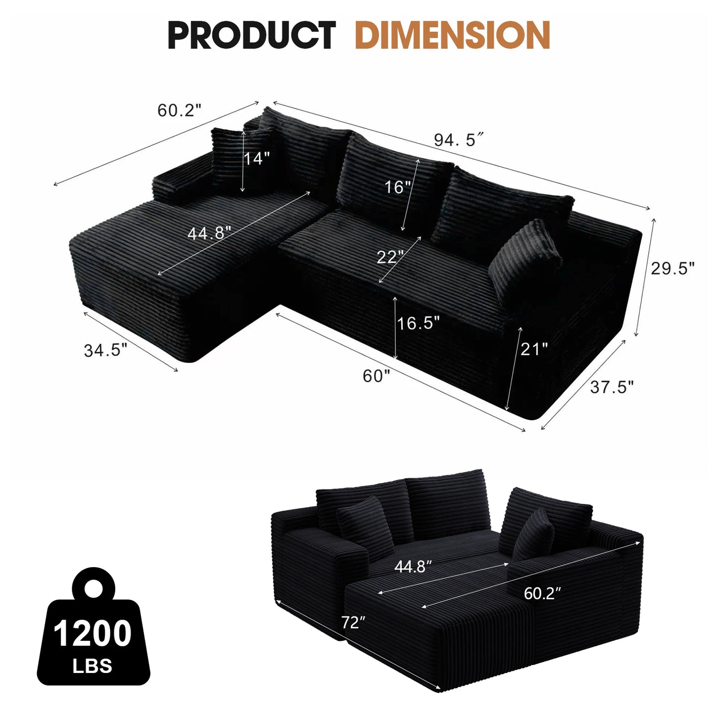 Modern Black Corduroy Modular Sectional Sofa With Deep L Shaped Chaise
