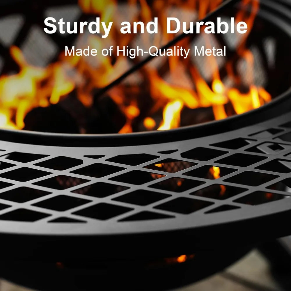 Outdoor 32 Inch Fire Pit With Poker And Wood Burning Grill