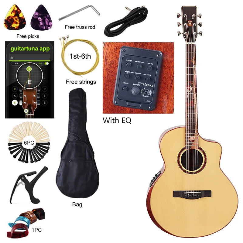 40 Inch 6 String Electric Acoustic Guitar Natural Brown Solid Spruce Top