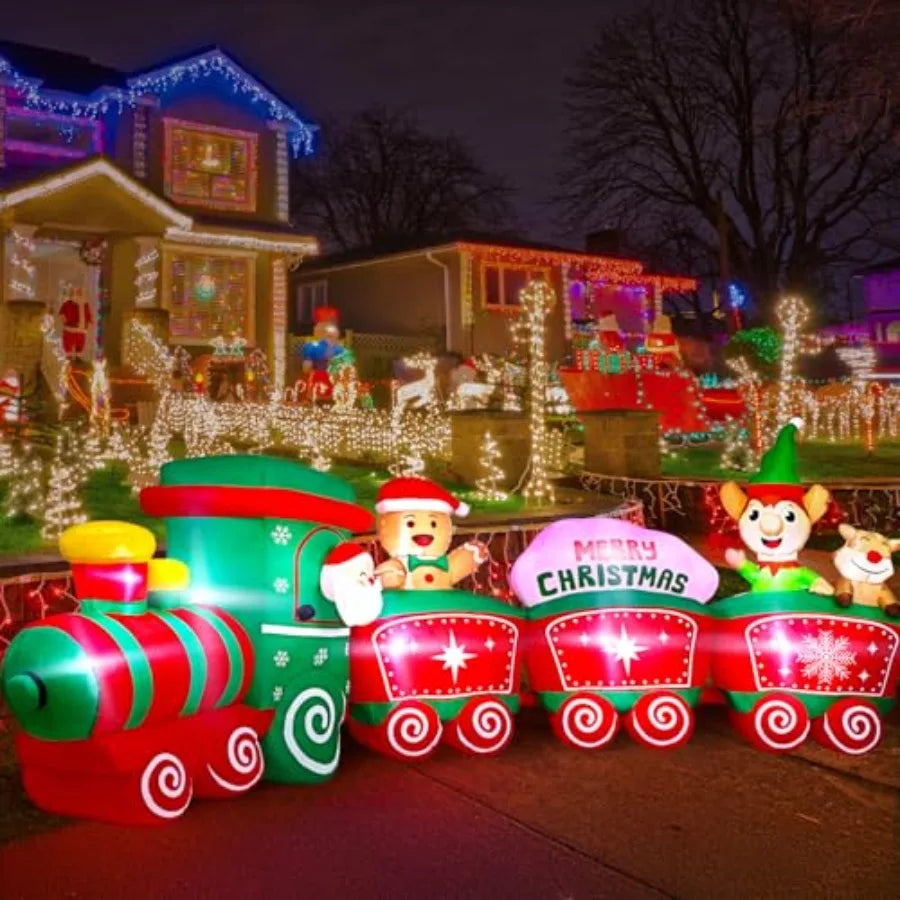 12Ft Christmas Inflatables Train with Santa Claus Reindeer Gingerbread Man Builtin LED Lights Blow Up Christmas Decor for Chris
