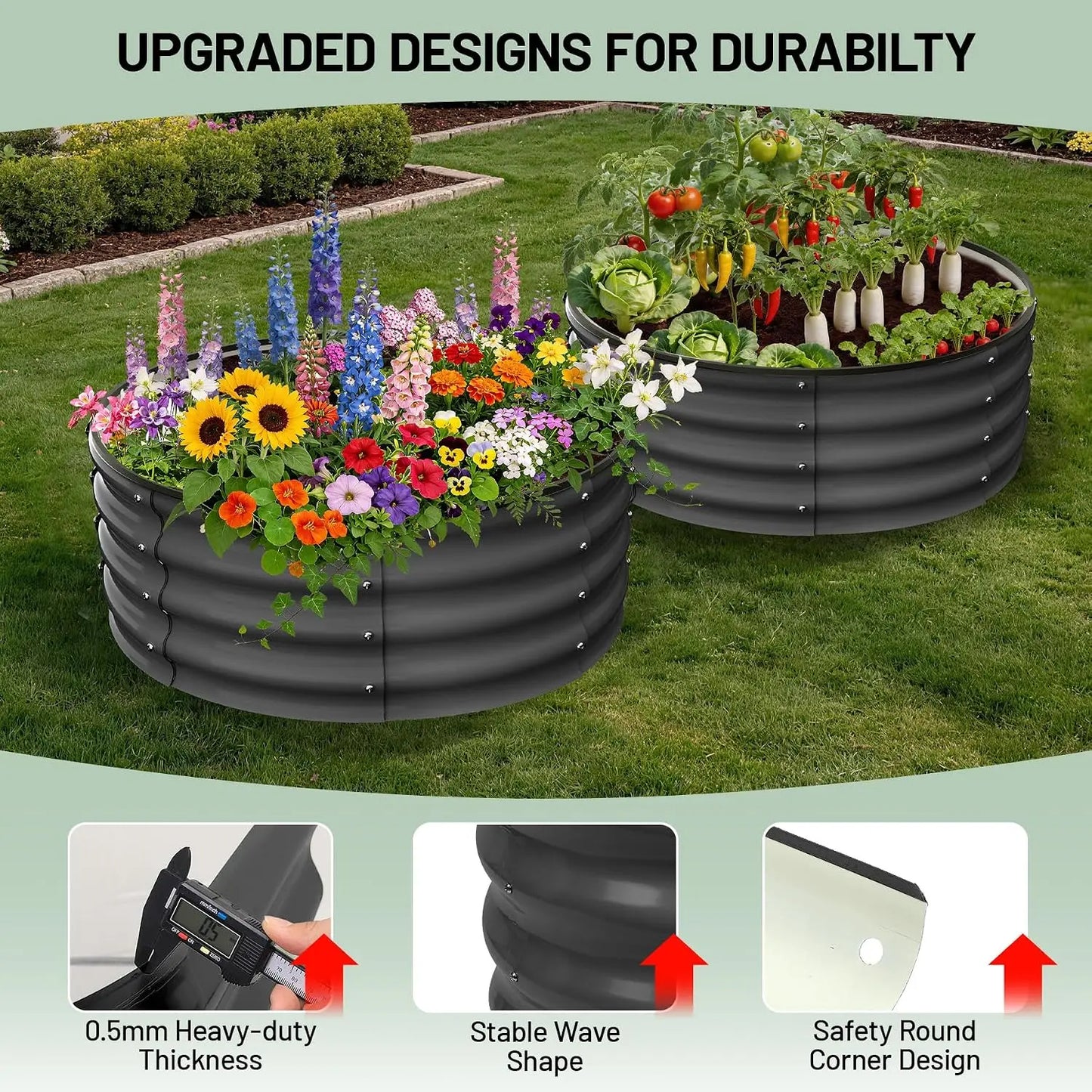 Tacleekii 2Pcs, 2x2x1 FT Round Raised Garden Bed, Galvanized Garden Beds, Metal Planter with Gloves and Rubber Edge Trim, for Vegetables, Flowers and Herbs