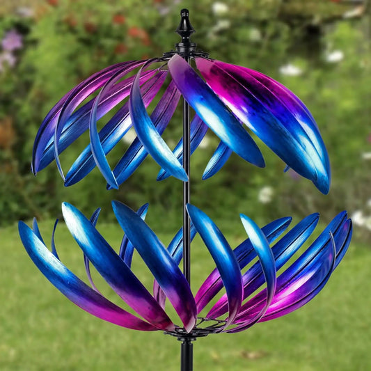 Kinetic Garden Wind Spinner, Double-Layer Metal Art, Blue and Purple Gradient, Outdoor Yard Decoration