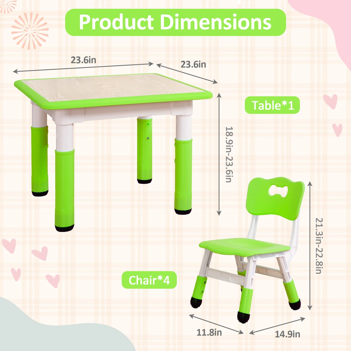 Kids Table And 4 Chairs Set Height Adjustable Non Slip Legs Graffiti Top
