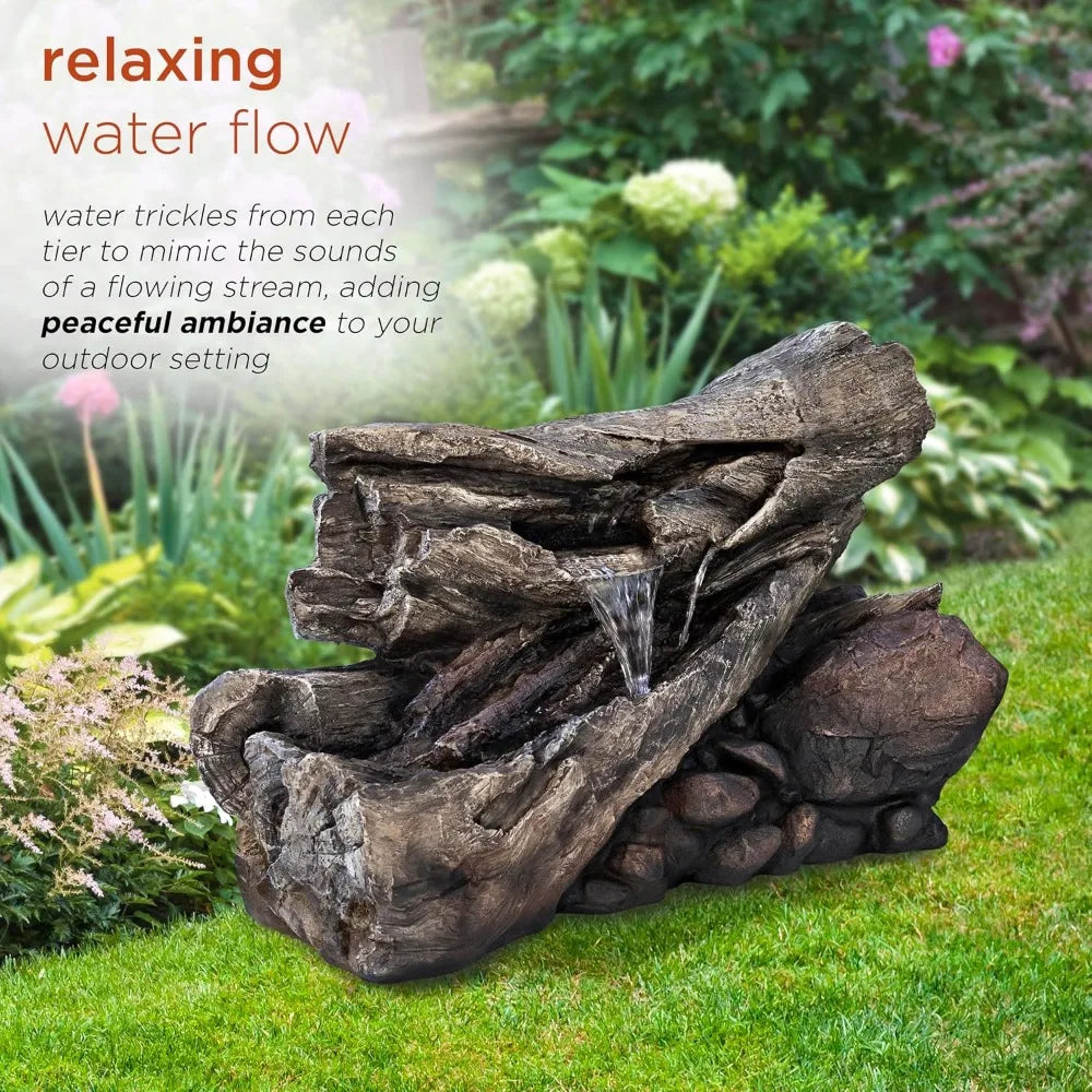 4-inch 2-story Tree Trunk Fountain with LED Lights, Used for Gardens, Courtyards, Rural Waterfalls, and Water Feature Fountains