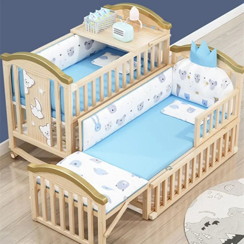 Movable Solid Wood Baby Crib With Mosquito Net And Universal Wheels Rocking Bed