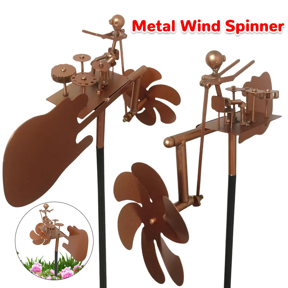 Metal Wind Spinner Metal Drummer Windmill Statue Percussionist Music Figurines and Statues for Yard Lawn Garden Patio Decor