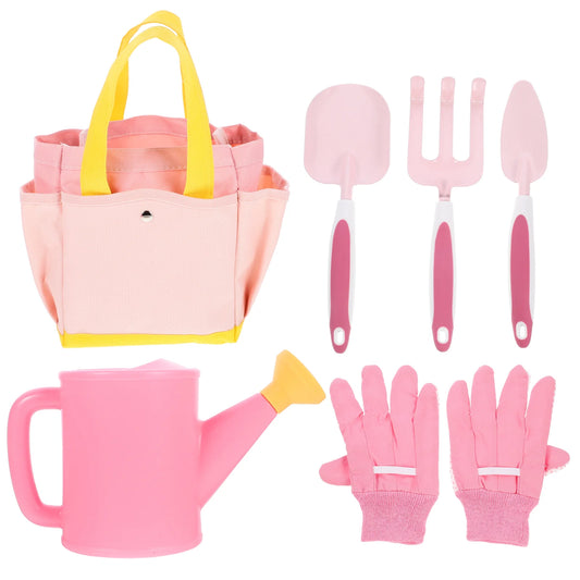 1 set Pink Planting Tools Set Kids Garden Tools Small Shovel Rake Watering Can Storage Basket Child Gardening Set Mini Spade