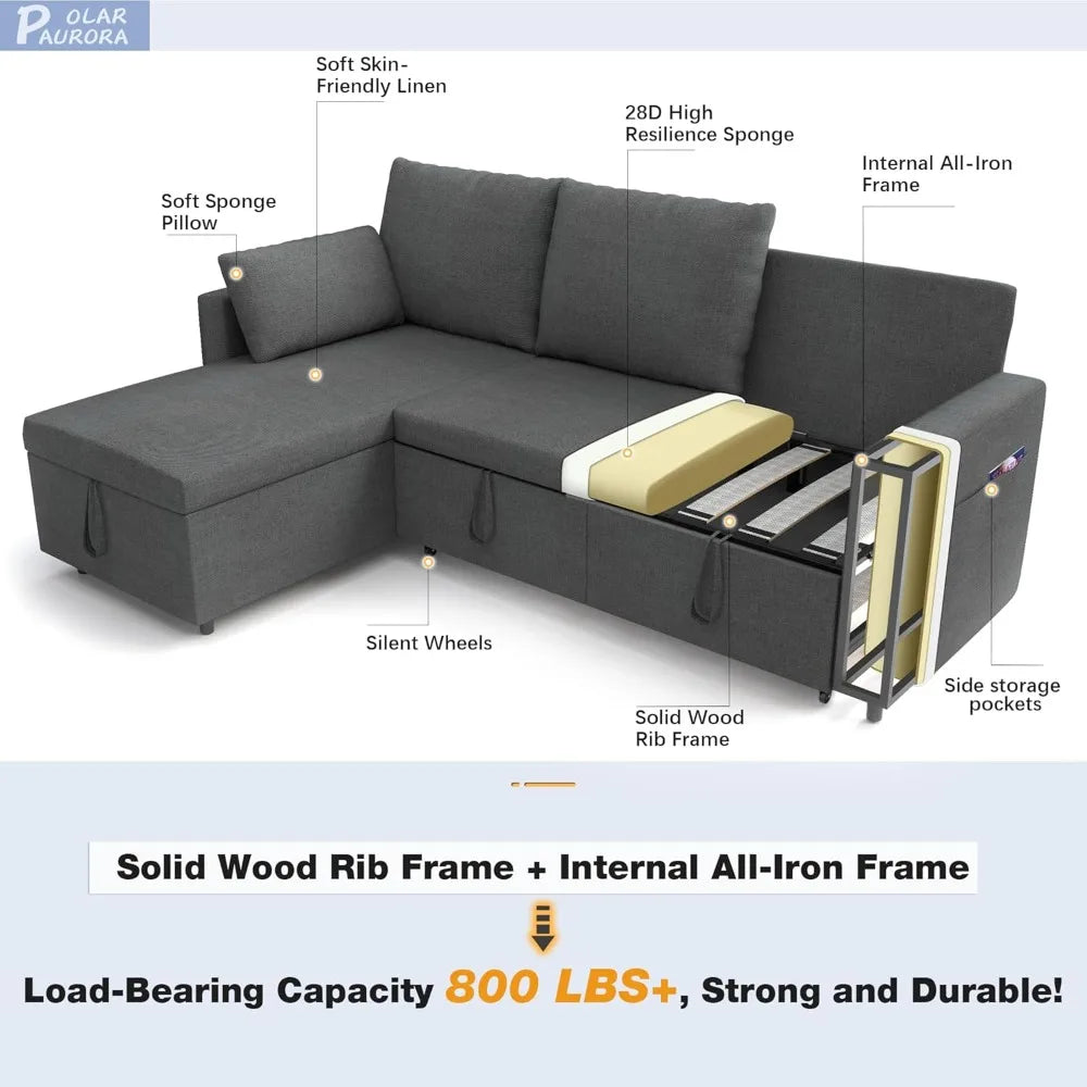 Polar Aurora Sleeper Sofa Bed With Storage Chaise Frame