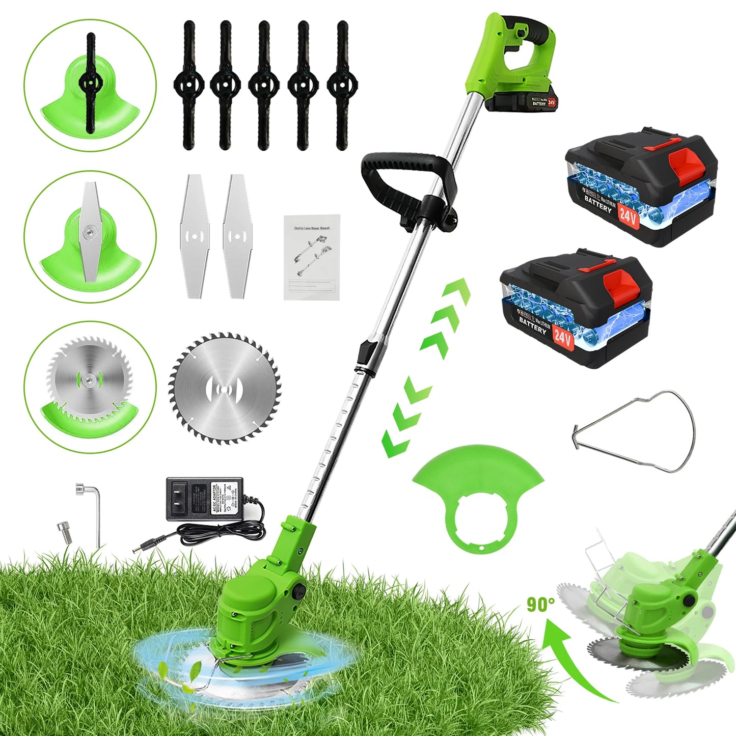 2-in-1 Cordless Electric  Lawn Mower Brushless Edger Eater Grass String Trimmer Cutter 650W 18000 RPM With 24V Two Battery Adjustable For Garden Tool