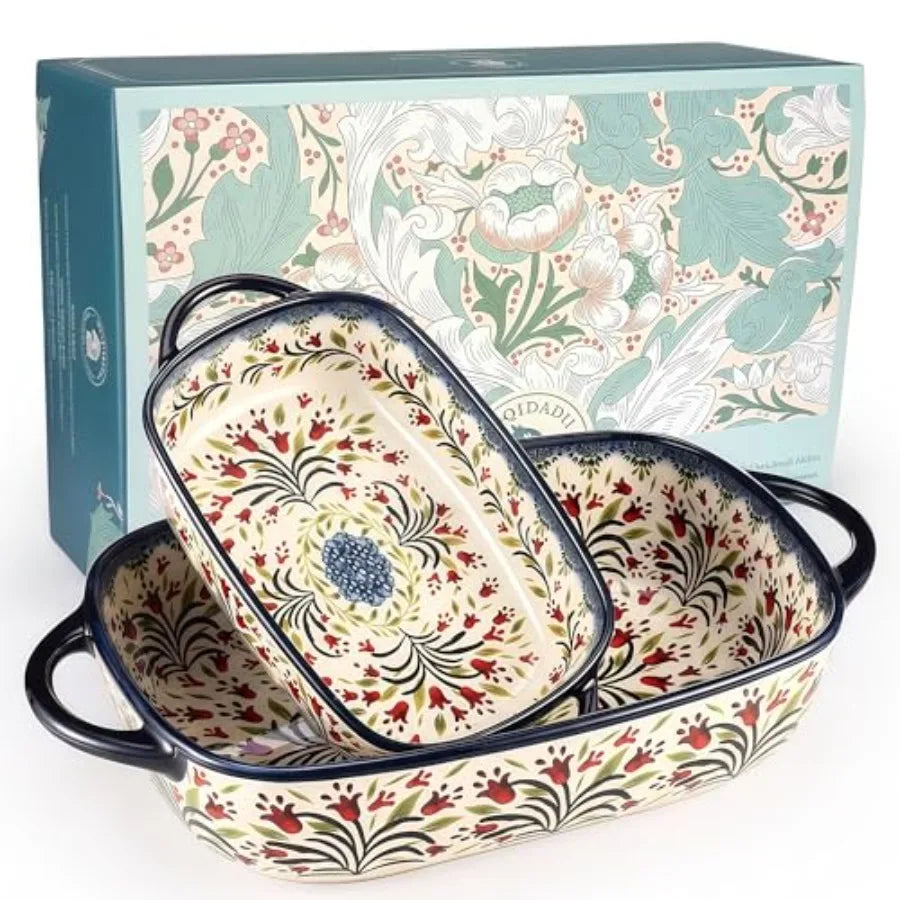 Polish Pottery Style Ceramic Baking Dish Set 2 Piece Floral Casserole Oven Safe