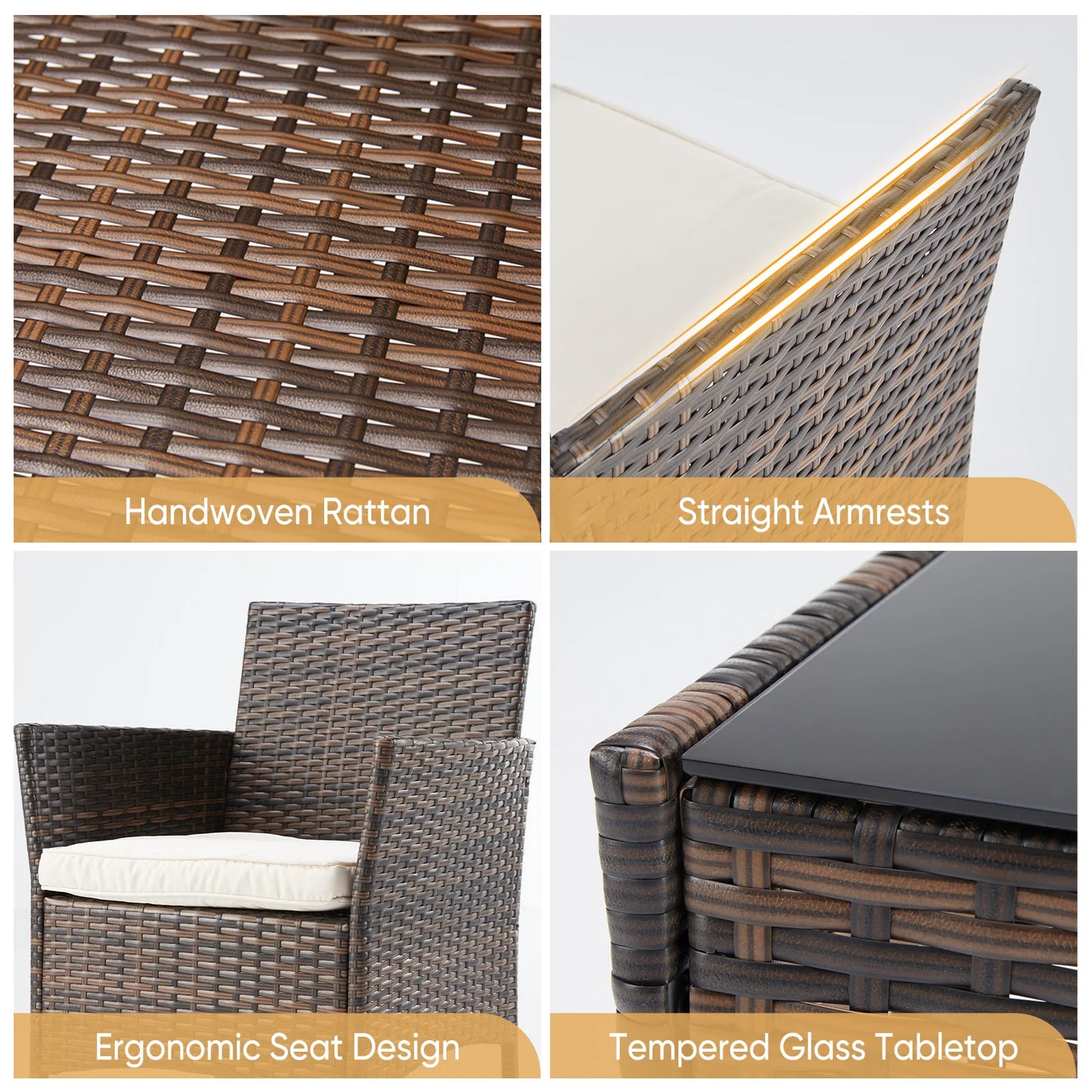 3 Piece Outdoor Patio Furniture Set Rattan Chairs With Cushions And Glass Table