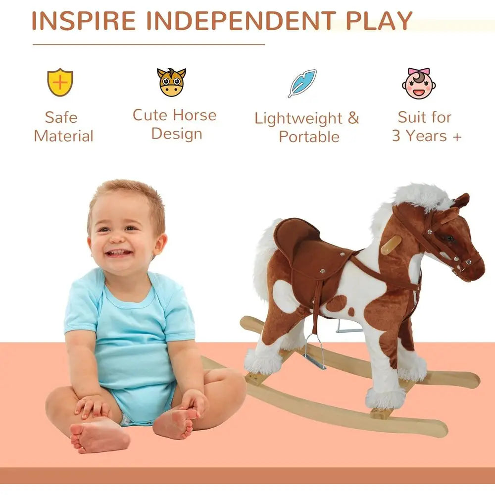Toddler Ride On Wooden Rocking Horse Plush Seat Nursery Rhyme Music Brown