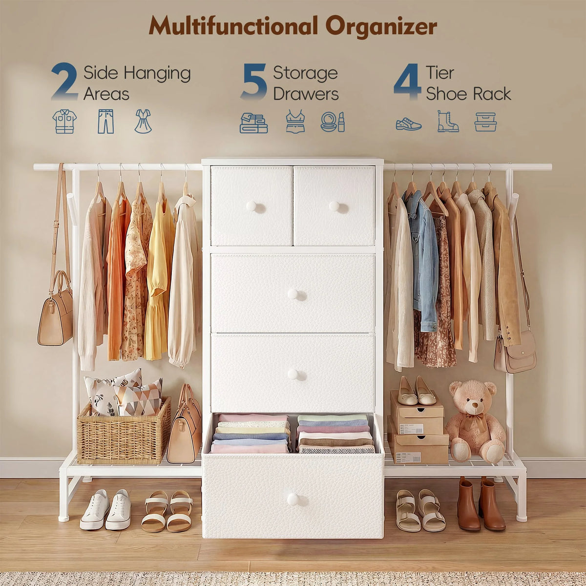 5 Drawer Dresser With Hanging Rod And Shoe Rack Bedroom Closet Organizer