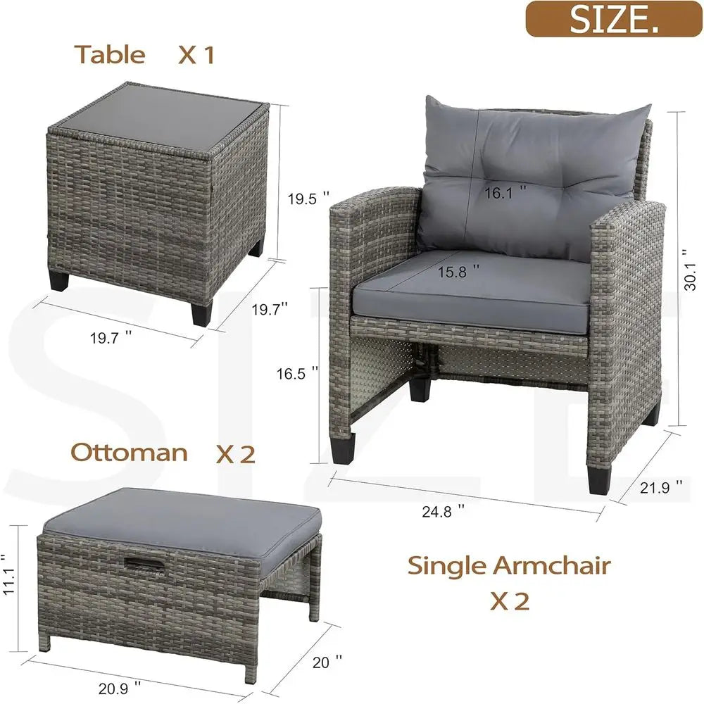 Compact Outdoor Patio Furniture Set: 2 PE Wicker Chairs, Ottomans, Cushions & Glass Table for Balcony (Light Grey)