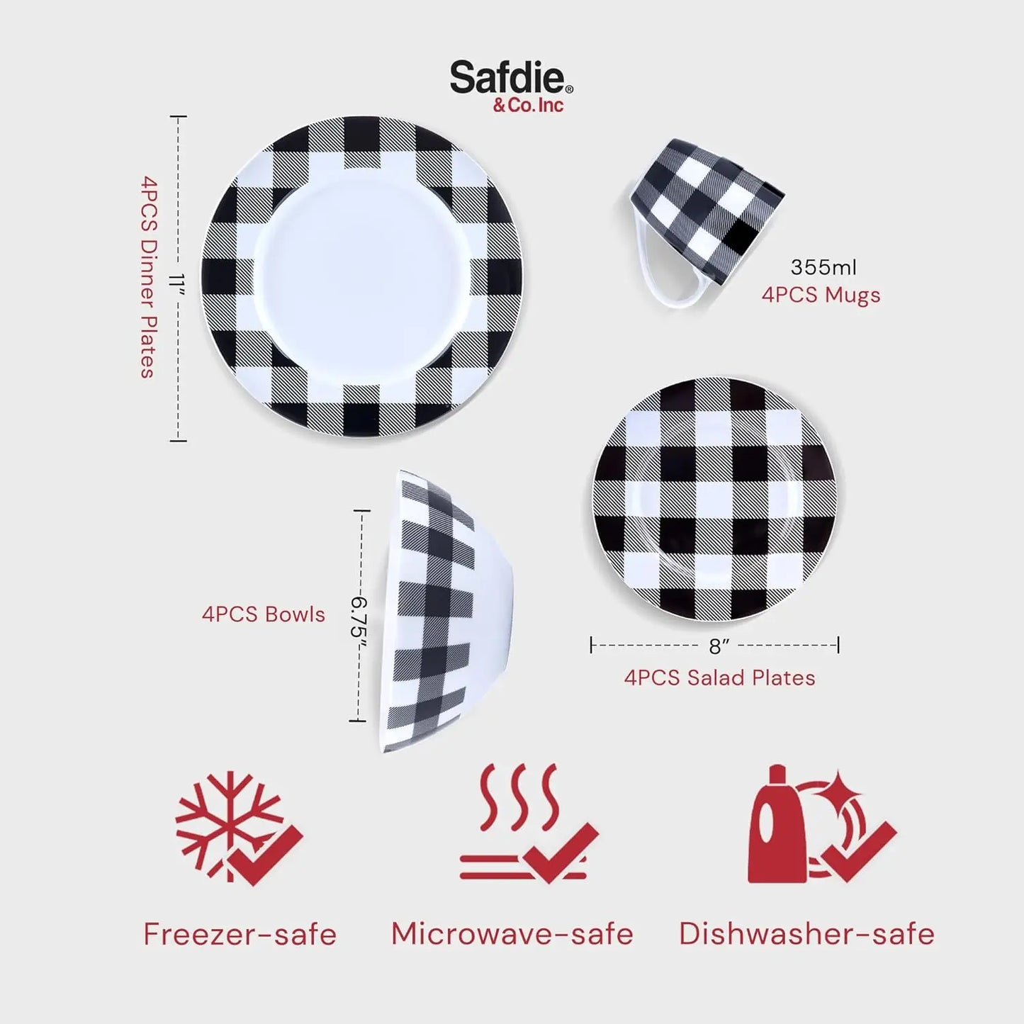 Winter Frost White And Black Modern Dinnerware Set 16 Piece Plaid Plates Bowls