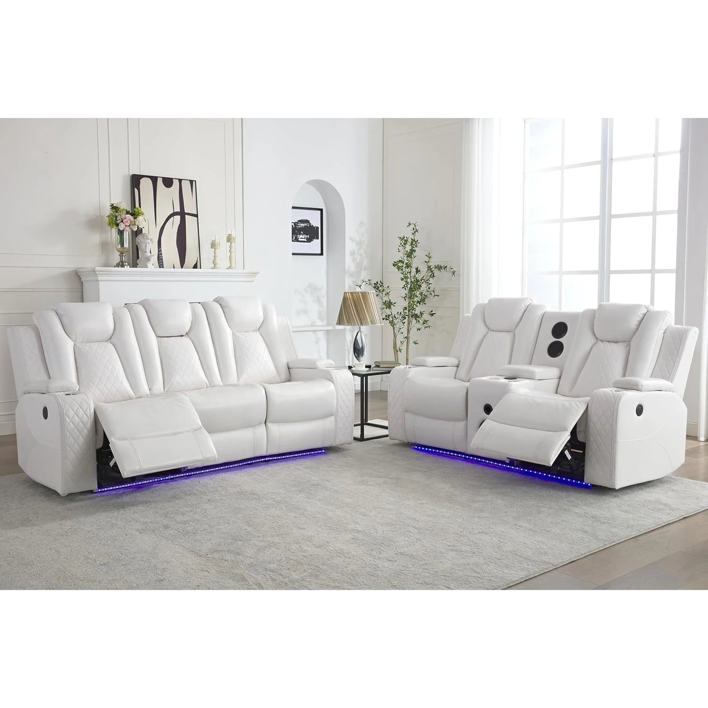 5 Seater Faux Leather Power Recliner Sofa With Table