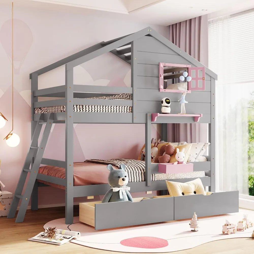 Twin Over Twin Bunk Bed with 2 Drawers, 1 Storage Box, 1 Shelf, Window and Roof, Wood Playhouse Bed Frame for Kids Boys Girls Te