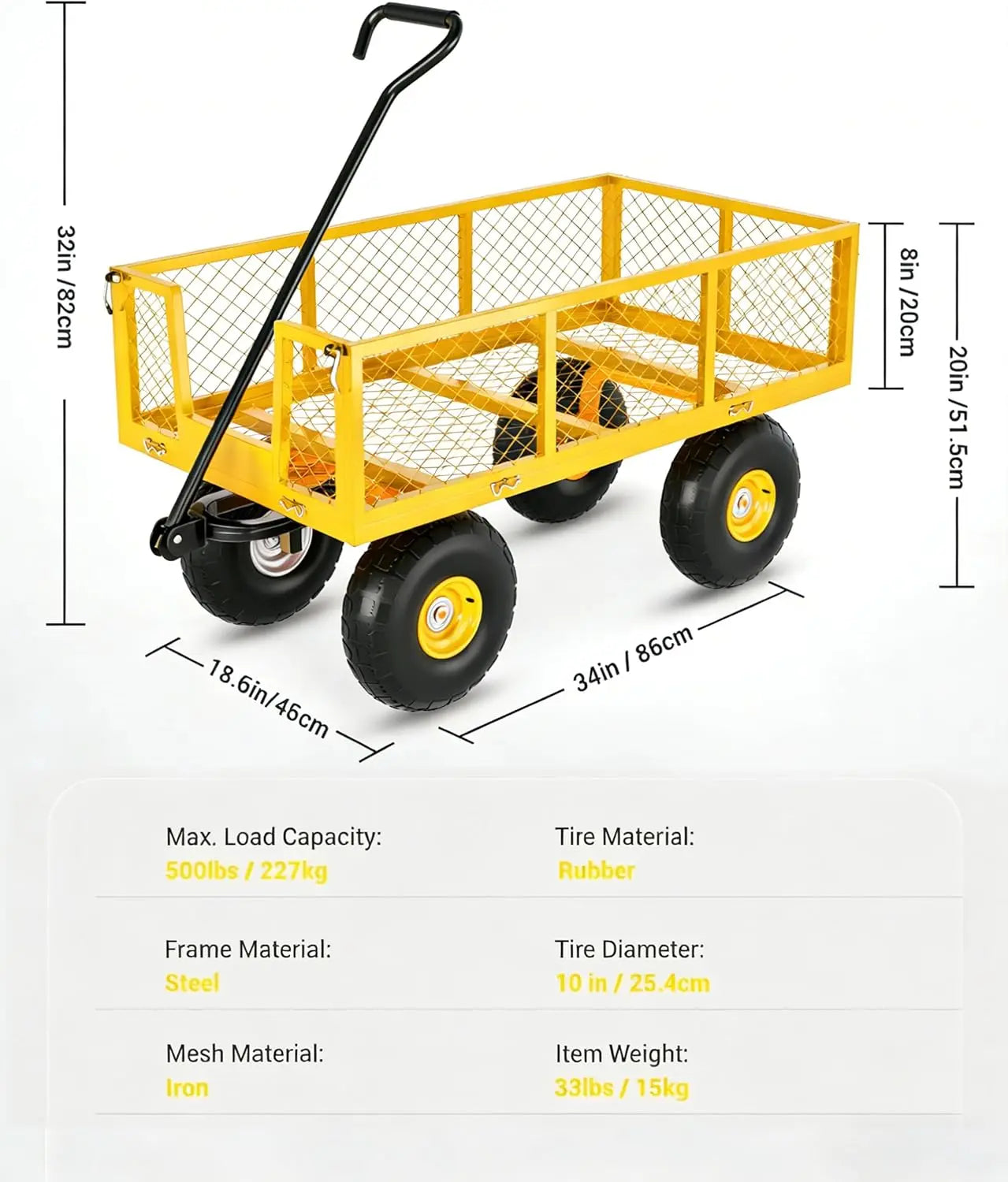 Heavy Duty Steel Garden Cart 500 Lbs Capacity 3 In 1 Wagon with 10 In Wheels