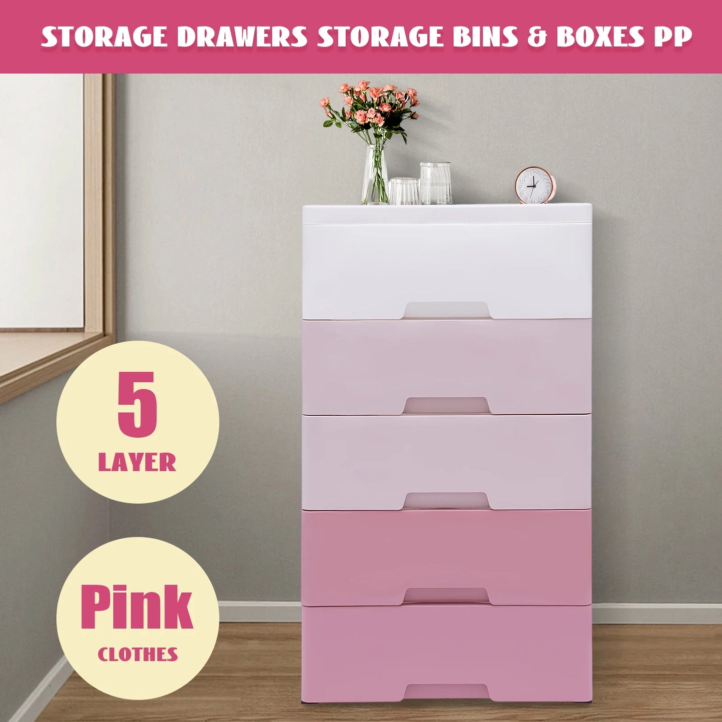 5 Tier Pink Gradient Plastic Storage Cabinet 17.1 Inch Wide