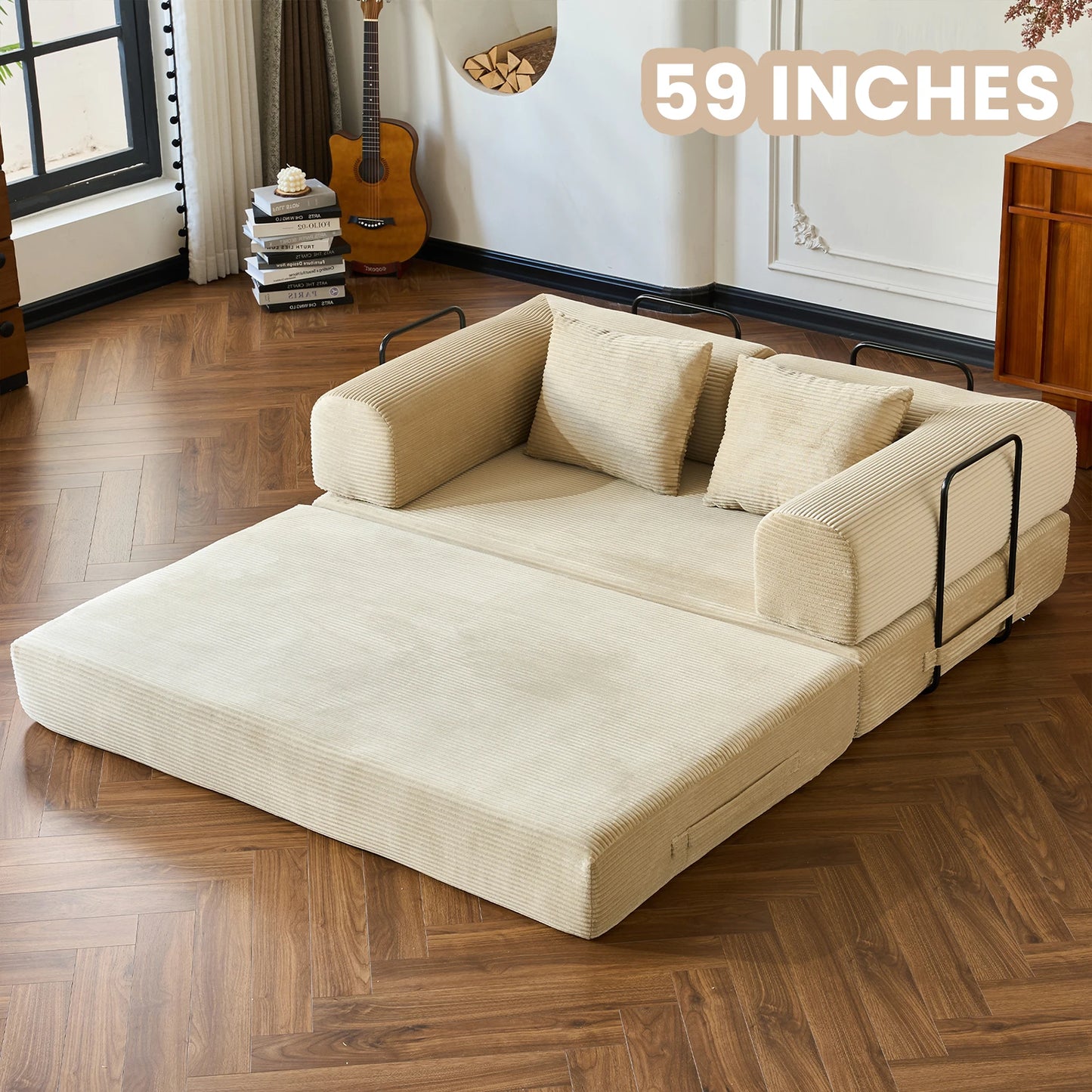 79 Inch Foldable Convertible Futon Sofa Bed With L Shaped Armrests