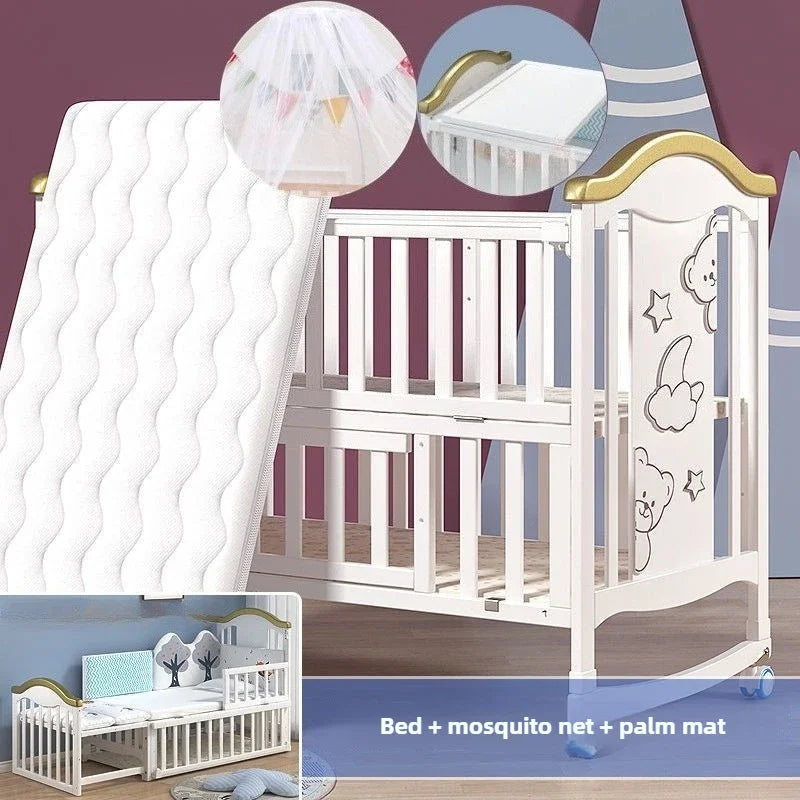 Movable Solid Wood Baby Crib With Mosquito Net And Universal Wheels Rocking Bed