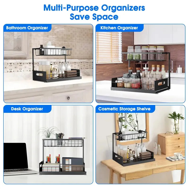 Double Layer Sliding Rail Under Sink Storage Rack For Bathroom And Kitchen