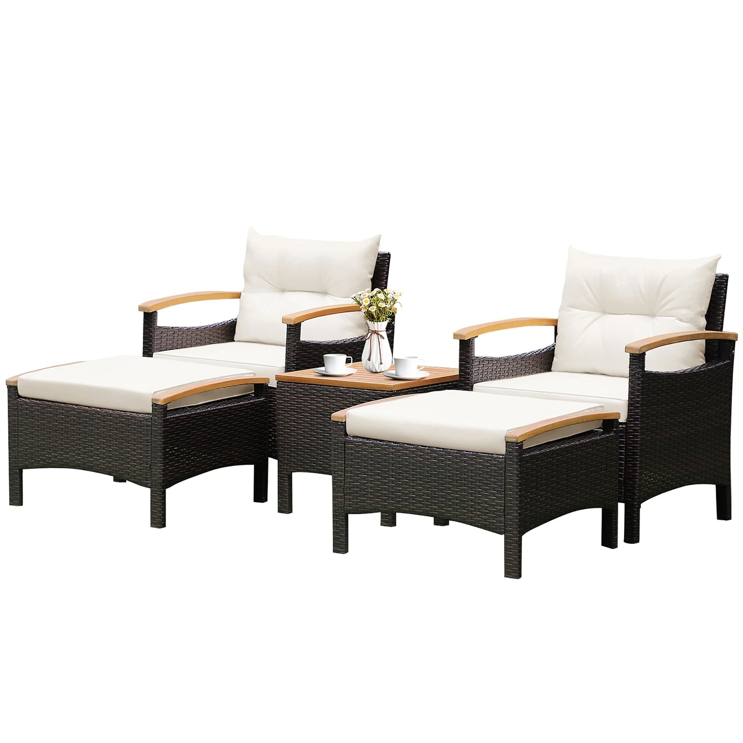 5 Piece Patio Rattan Furniture Set Cushioned Sofa And Ottoman Wood Top Table