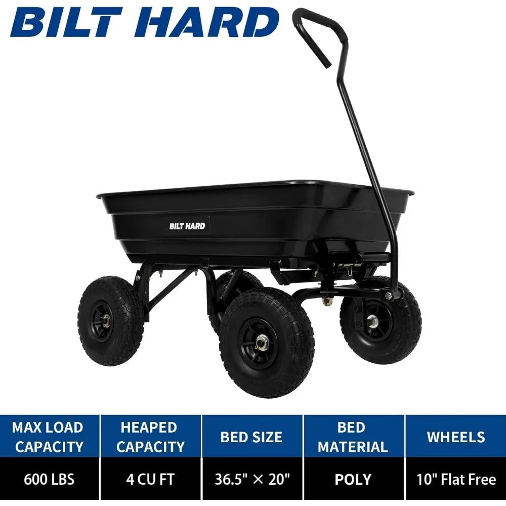 BILT HARD 4 Cu.Ft 10" No-Flat Tires Poly Yard Dump Cart with 180° Rotating Handle 600 lbs Capacity Heavy Duty Garden Carts Wagon