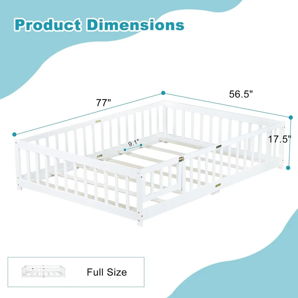 Full Size Floor Bed, Toddler Floor Bed Frame with High Guardrails, Solid Wood Montessori Beds Full with Support Slats, Fence and