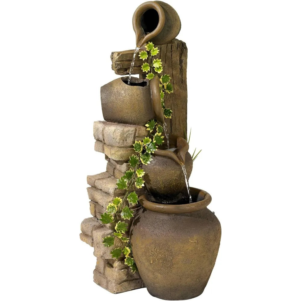 Large Rustic Tiered Stone-Look Floor Fountain with Cascading Waterfall for Indoor or Outdoor Decor