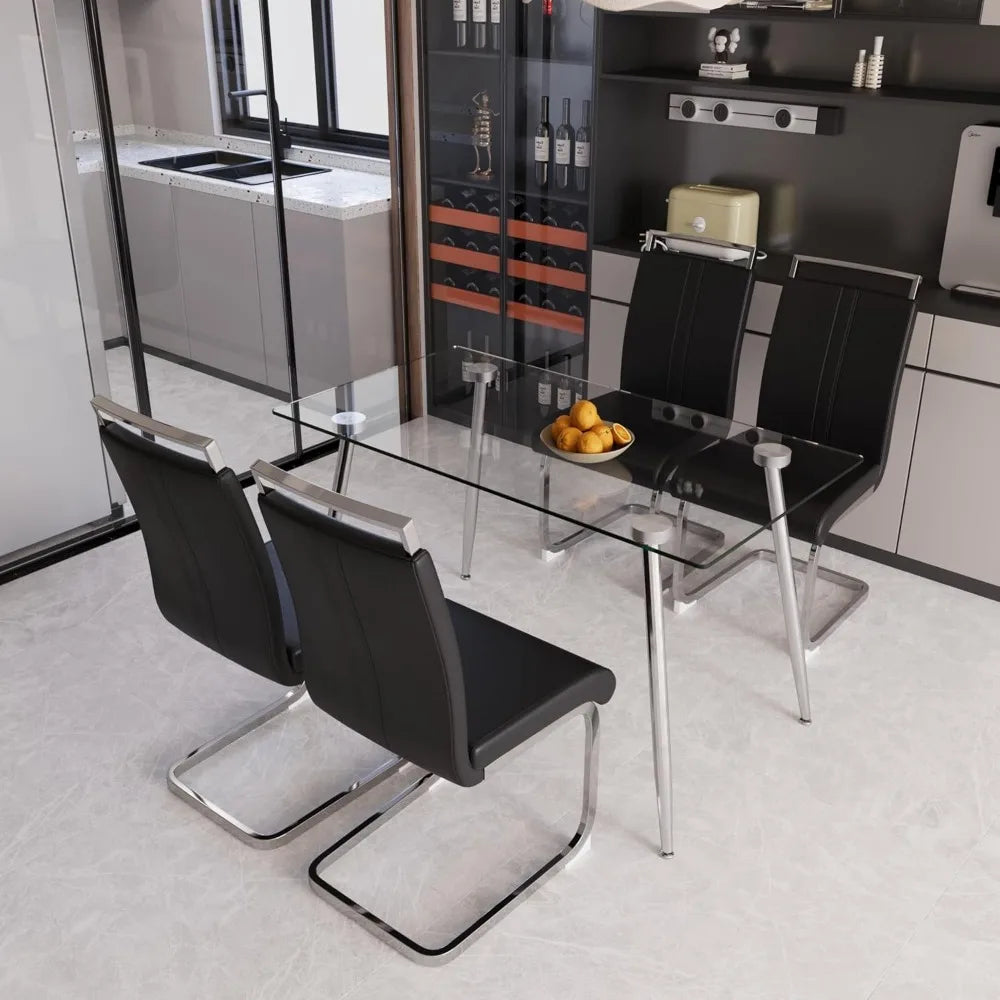 Glass Dining Table Set For 4 Modern Rectangle Chairs