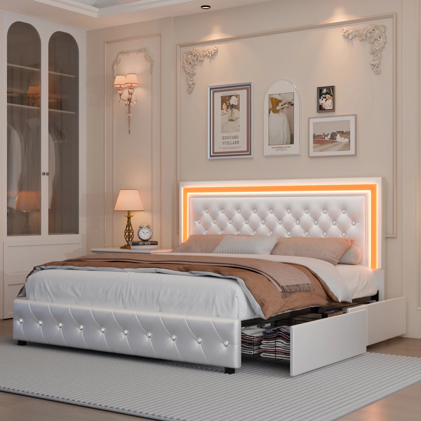 Queen Platform Bed With 4 Storage PU Leather No Box Spring Easy Assembly 900lbs