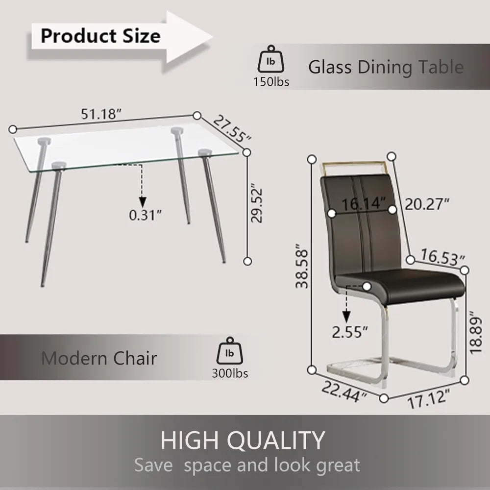 Glass Dining Table Set For 4 Modern Rectangle Chairs