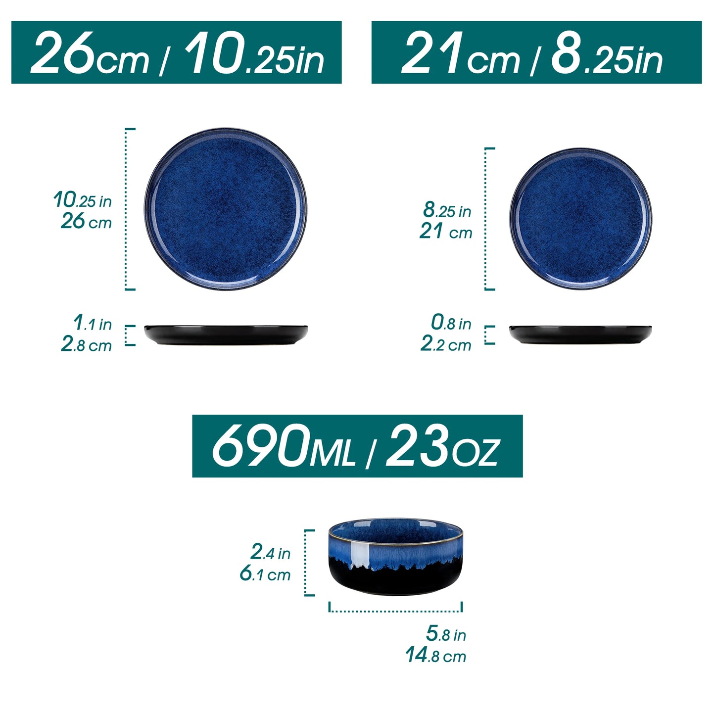 vancasso 12/24 PCS Starry Blue Reactive Glaze Stoneware Dinnerware Sets Ceramic Plates Set with 4 pcs Dinner Plate/Dessert/Bowl