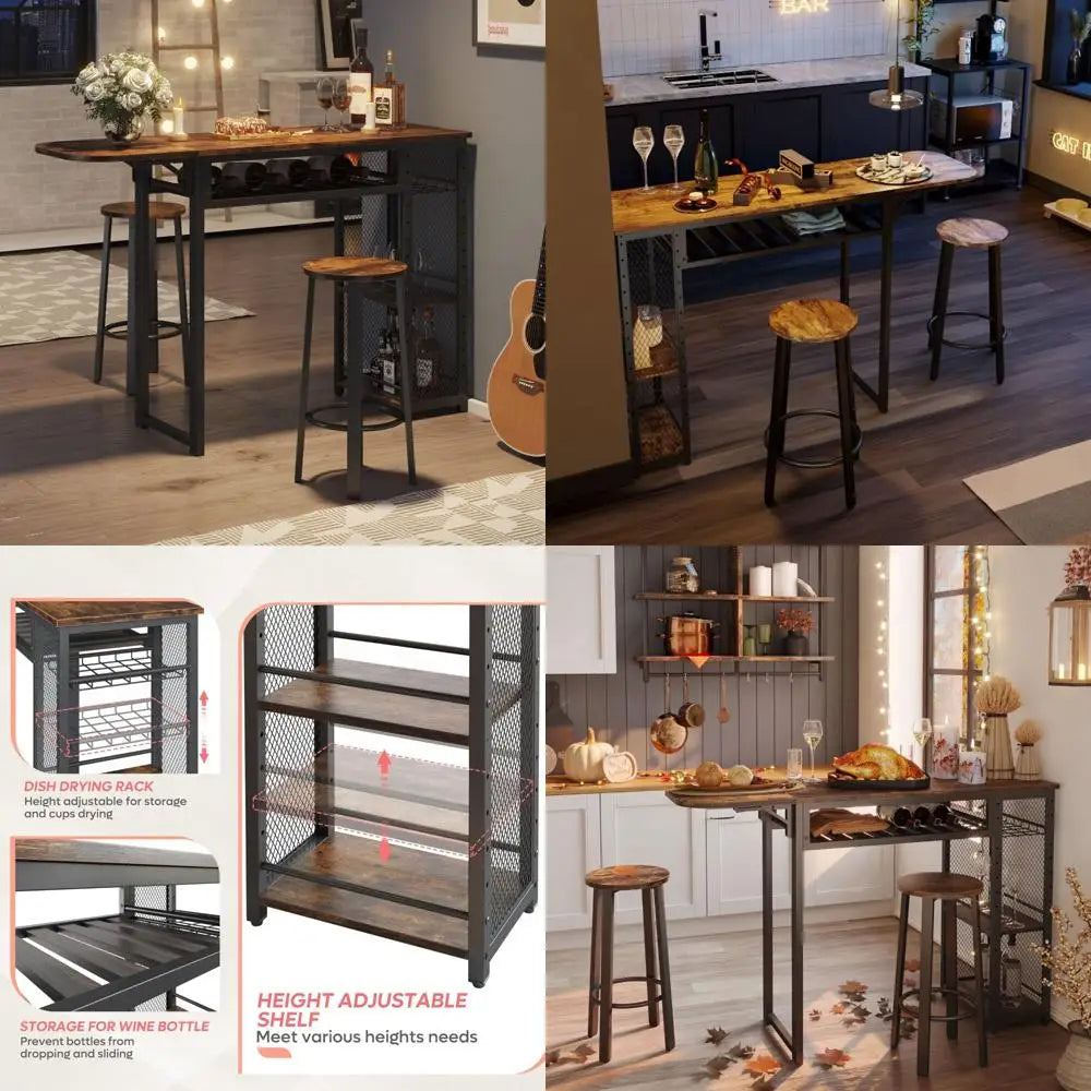bar table and chair set, expandable dining table with 2 bar stools, industrial kitchen counter with wine rack & 3 tier adjustab