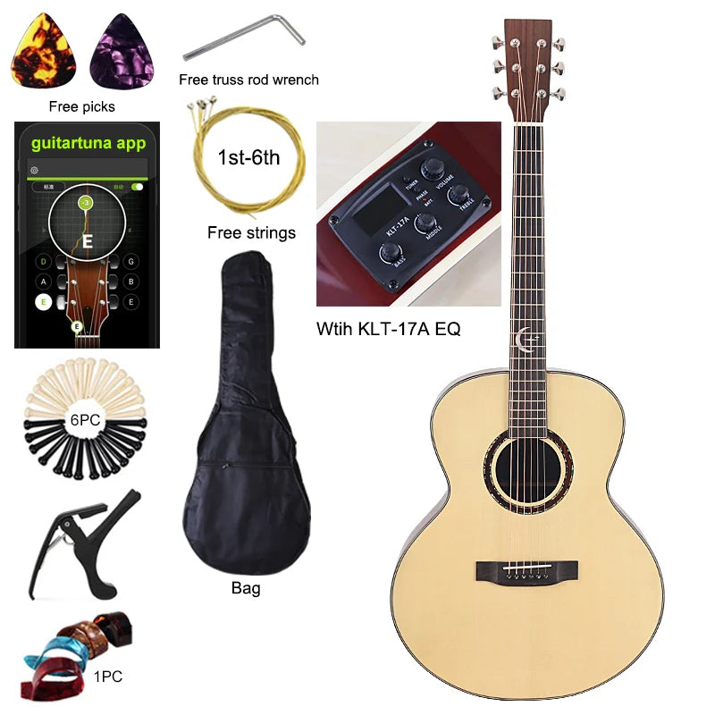 40 Inch 6 String Electric Acoustic Guitar Natural Brown Solid Spruce Top