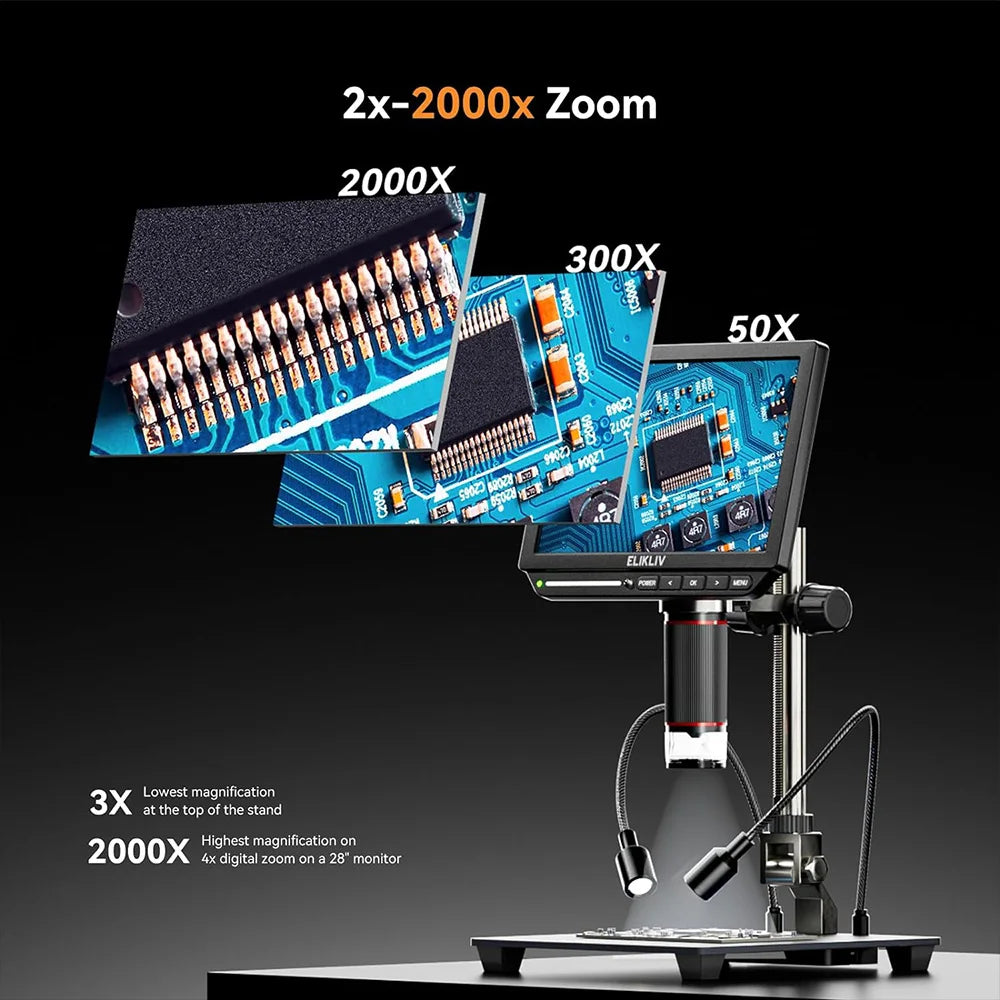 Elikliv EM4K 4K HDMI Digital Microscope Electronics PCB Inspection 10in Stand