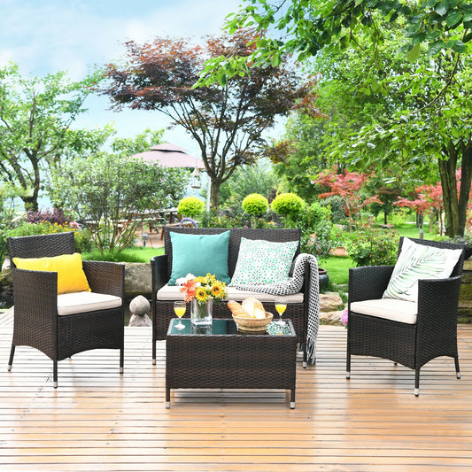 4PCS Patio Rattan Furniture Set Armrest Cushion Sofa Coffee Table withShelf Garden