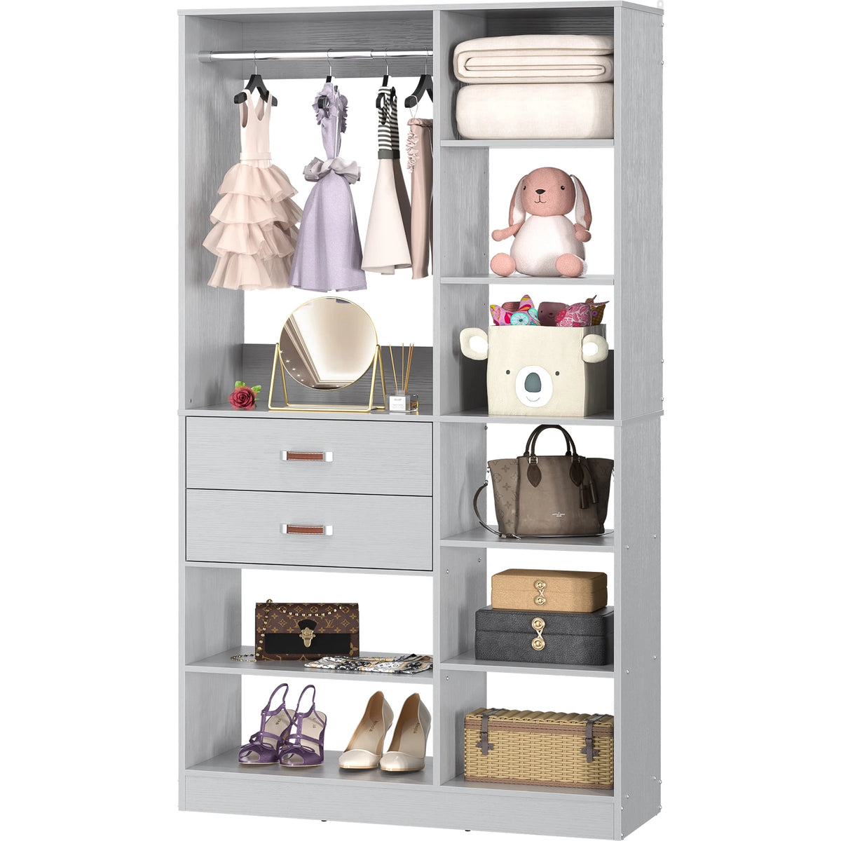 40 Inches Freestanding Closet System with 10 Shelves, 80'' Height Adjustable Cloth Garment Rack with 2 Wood Drawers