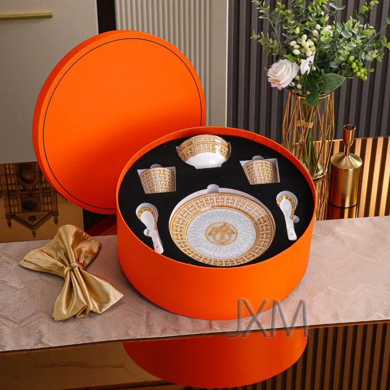 Luxury 10 Piece European Style Gray Horse Drawn Cart Tableware Set Bone China