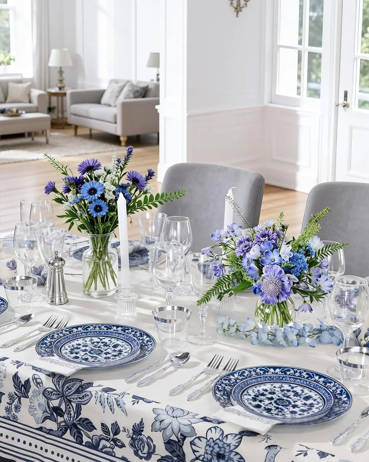 60 Piece Blue Floral Plastic Plates Set 10.25 Inch Dinner 7.5 Inch Dessert