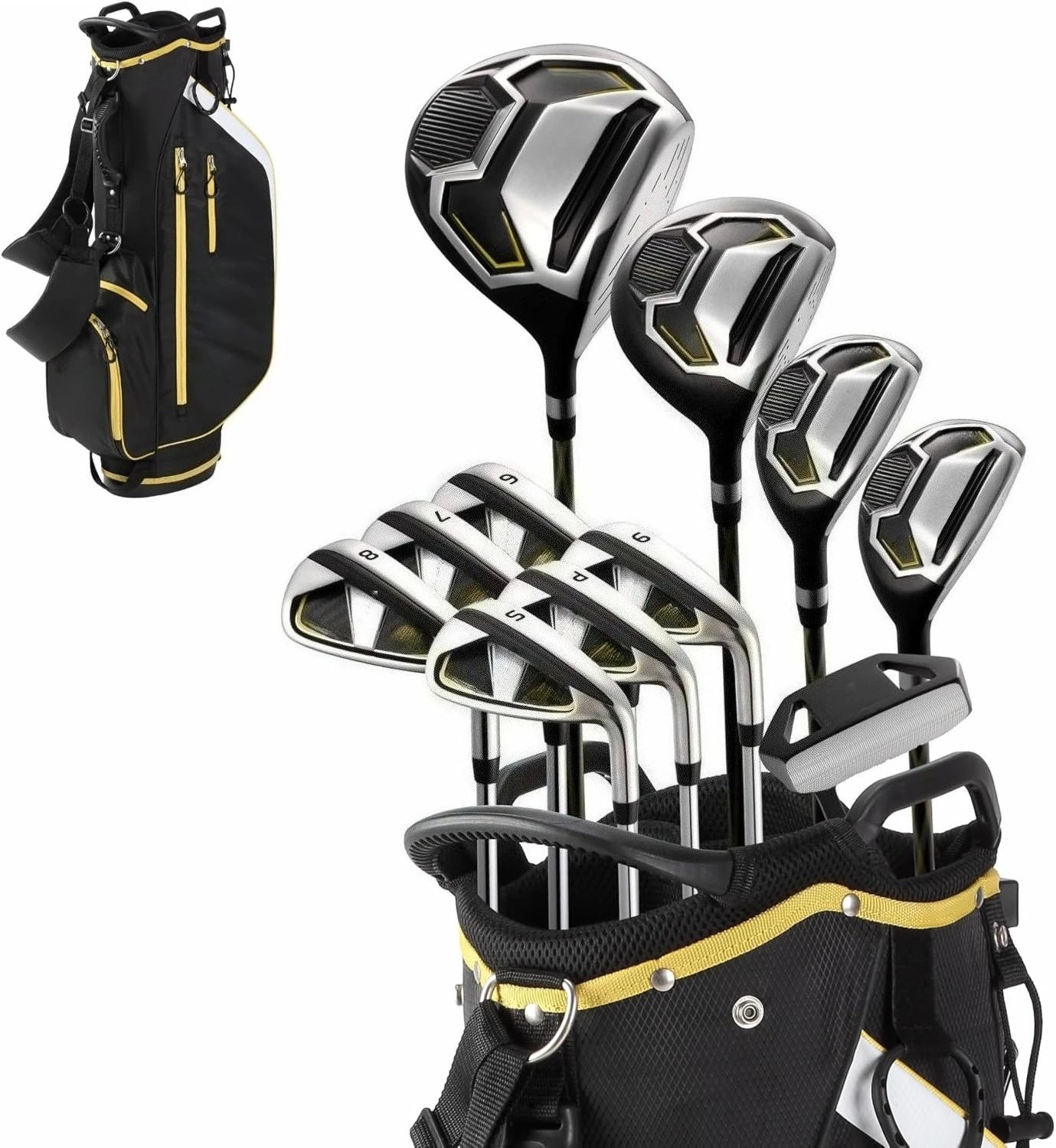 Mens 17 Piece Golf Set With Driver Woods Hybrids Irons Putter Stand Bag Rainhood
