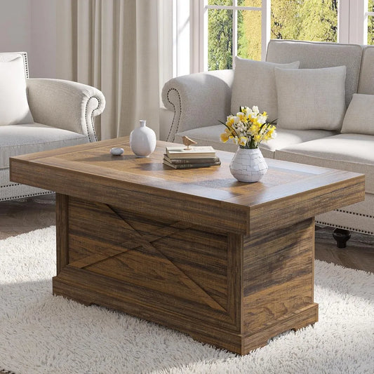 Rustic X-Design Wooden Pedestal Coffee Table for Living Room, Space-Saving Rectangle Home Furniture, Easy Assembly