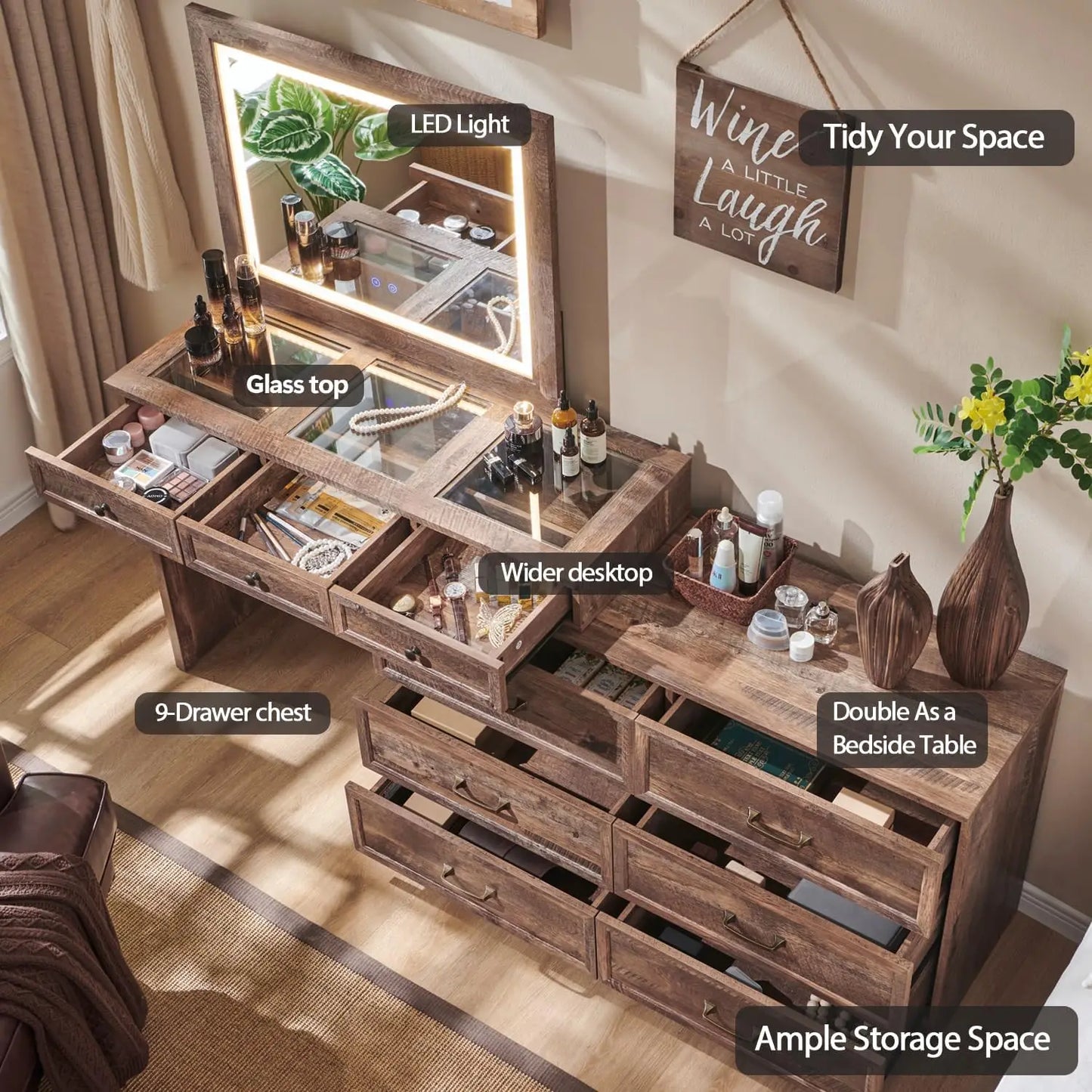 69 Inch Wide Rustic Wood Bedroom Dresser With Glass Top 9 Drawers LED Mirror